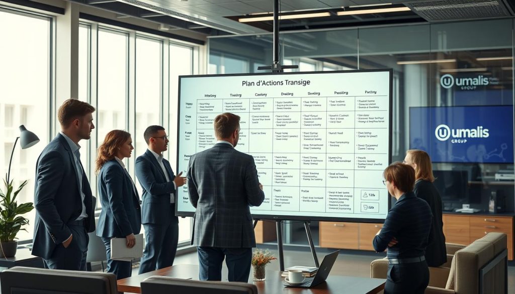 A high-quality plan d'actions transition depicted in a corporate office setting, with the Umalis Group brand prominently displayed. The scene features a large whiteboard or digital display showing a detailed action plan, complete with milestones, timelines, and responsibilities. Executives and managers are gathered around the board, engaged in discussion and collaboration. The lighting is bright and professional, with a sense of focus and determination. The background showcases modern office furnishings, sleek technology, and a subtle hint of the company's branding. The overall mood conveys a well-organized, strategic approach to a successful management transition. A high-quality plan d'actions transition depicted in a corporate office setting, with the Umalis Group brand prominently displayed. The scene features a large whiteboard or digital display showing a detailed action plan, complete with milestones, timelines, and responsibilities. Executives and managers are gathered around the board, engaged in discussion and collaboration. The lighting is bright and professional, with a sense of focus and determination. The background showcases modern office furnishings, sleek technology, and a subtle hint of the company's branding. The overall mood conveys a well-organized, strategic approach to a successful management transition.
