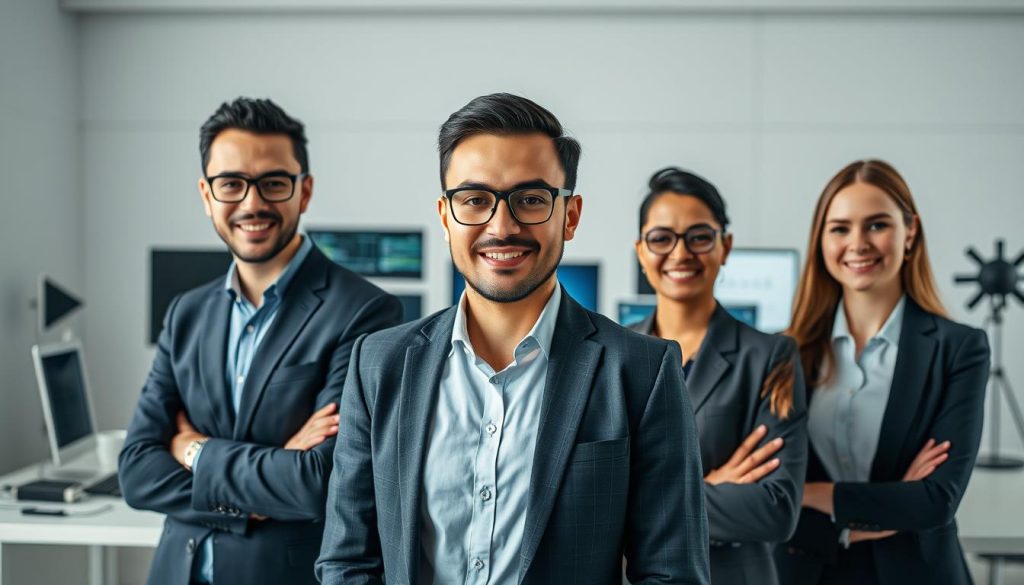 A high-quality portrait of diverse professionals in the Umalis Group's portable payroll services, captured in a stylish, technical aesthetic. The foreground features three individuals in smart business attire, representing different expertise and backgrounds - an IT consultant, a marketing specialist, and a financial advisor. The middle ground showcases modern office equipment and devices, conveying the advanced technical capabilities of the Umalis Group. The background is a minimalist, geometric setting with clean lines and a neutral color palette, creating a sophisticated, efficient atmosphere. Soft, directional lighting highlights the subjects, emphasizing their professionalism and the group's expertise. A high-quality portrait of diverse professionals in the Umalis Group's portable payroll services, captured in a stylish, technical aesthetic. The foreground features three individuals in smart business attire, representing different expertise and backgrounds - an IT consultant, a marketing specialist, and a financial advisor. The middle ground showcases modern office equipment and devices, conveying the advanced technical capabilities of the Umalis Group. The background is a minimalist, geometric setting with clean lines and a neutral color palette, creating a sophisticated, efficient atmosphere. Soft, directional lighting highlights the subjects, emphasizing their professionalism and the group's expertise.