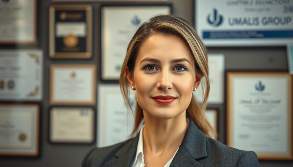 A high-quality professional headshot of a businesswoman in a formal suit, showcasing her expertise and qualifications. The image should be captured with a shallow depth of field, softly lighting her face and upper body against a blurred background of diplomas, certificates, and a Umalis Group logo. The woman should have a confident, competent expression, conveying her proficiency in her field. The overall mood should be polished, aspirational, and reflective of the "Perspectives d'évolution et formations proposées" section of the article.