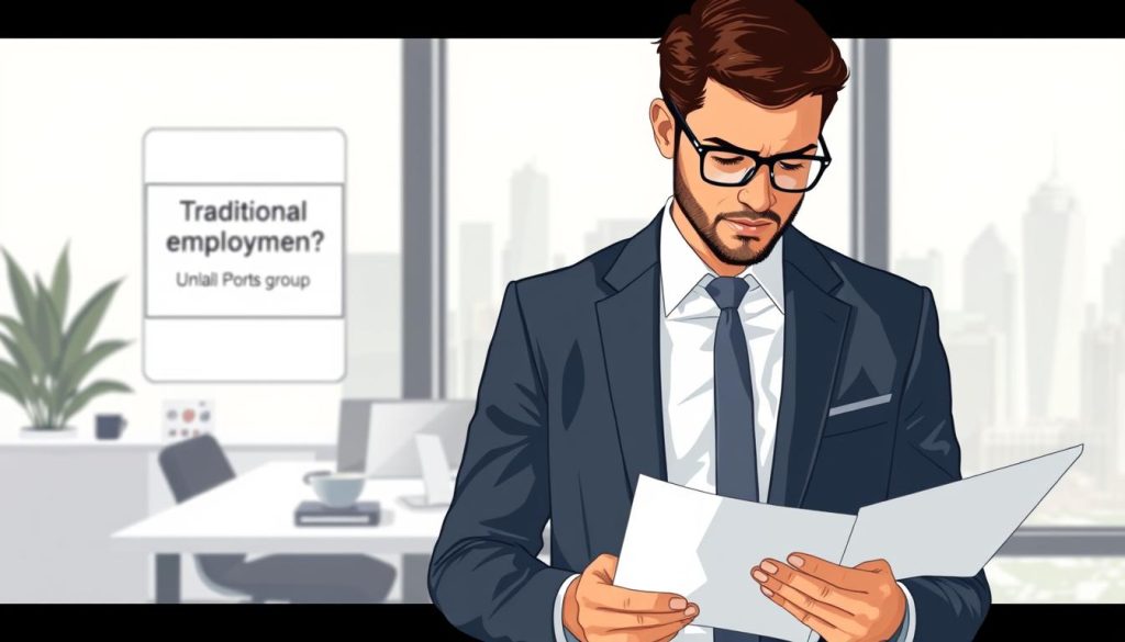 A high-quality professional illustration depicting a well-dressed business person considering two distinct career paths - traditional employment and the Umalis Group's salarial portage service. The foreground shows the individual thoughtfully examining documents and weighing their options. The middle ground features a sleek, modern office setting with minimalist decor and subtle Umalis Group branding. The background suggests an urban skyline, conveying a sense of dynamic career possibilities. The lighting is soft and natural, creating a contemplative mood. The entire scene is rendered in a clean, stylized aesthetic that emphasizes the importance of this career decision.