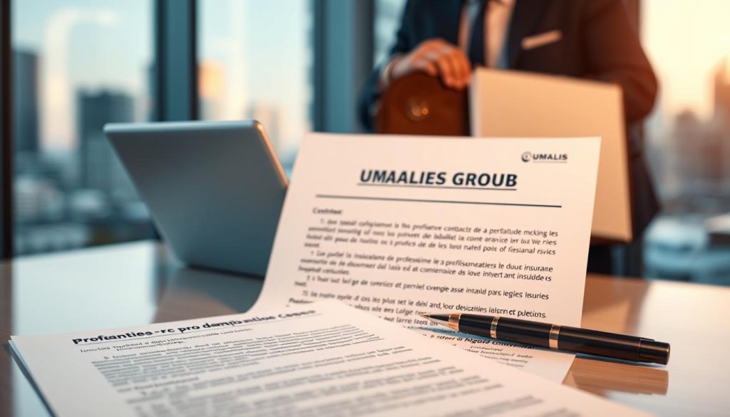 A high-quality professional liability insurance policy with comprehensive "garanties rc pro dommages" coverage from the Umalis Group. In the foreground, a detailed illustration of an insurance contract with clear legal terminology and key coverage details. In the middle ground, a modern office setting with a laptop, briefcase, and professional attire, conveying the business context. The background features a blurred cityscape, suggesting the broad applicability of this type of insurance. Soft, warm lighting creates a sense of professionalism and trust. Captured with a wide-angle lens to provide a balanced, authoritative composition.