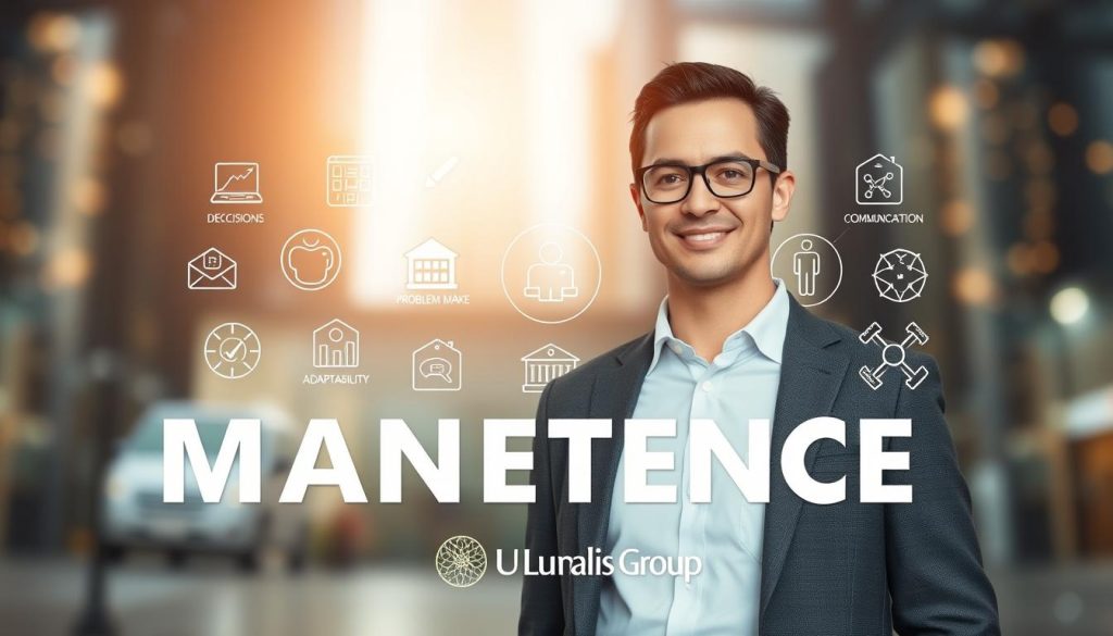 A high-quality, professional-looking image of "compétences manager transition" that reflects the subject and section title of the article. The image shows a well-dressed, confident individual standing in the foreground, representing the manager of transition. In the middle ground, there are icons and visual cues depicting various management skills and qualities, such as decision-making, problem-solving, adaptability, and communication. The background features a blurred, abstract cityscape, symbolizing the dynamic business environment in which the manager operates. The lighting is soft and warm, creating a sense of professionalism and expertise. The camera angle is slightly elevated, giving the viewer a sense of authority and leadership. The Umalis Group branding is subtly integrated into the design, adding a touch of credibility and trust. Prompt A professional, well-lit image of a confident, well-dressed manager of transition standing in the foreground, surrounded by icons and visual cues depicting A high-quality, professional-looking image of "compétences manager transition" that reflects the subject and section title of the article. The image shows a well-dressed, confident individual standing in the foreground, representing the manager of transition. In the middle ground, there are icons and visual cues depicting various management skills and qualities, such as decision-making, problem-solving, adaptability, and communication. The background features a blurred, abstract cityscape, symbolizing the dynamic business environment in which the manager operates. The lighting is soft and warm, creating a sense of professionalism and expertise. The camera angle is slightly elevated, giving the viewer a sense of authority and leadership. The Umalis Group branding is subtly integrated into the design, adding a touch of credibility and trust. Prompt A professional, well-lit image of a confident, well-dressed manager of transition standing in the foreground, surrounded by icons and visual cues depicting