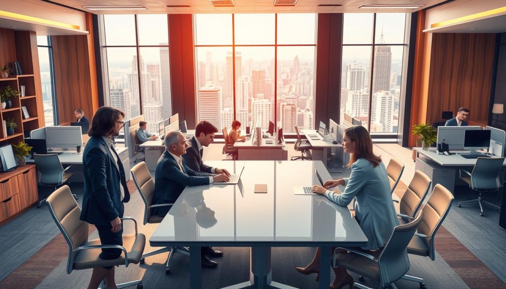 A high-quality, professionally-prepared illustration of a successful real-world implementation of the Borrtage Salarial system in a corporate setting. The image depicts a modern, well-appointed office environment with tasteful decor and natural lighting. In the foreground, a group of well-dressed business professionals are gathered around a sleek conference table, engaged in a collaborative discussion. The middle ground shows the office layout, with cubicles, workstations, and other workplace amenities visible. The background features expansive windows overlooking a vibrant cityscape, conveying a sense of a thriving business ecosystem. The overall mood is one of productivity, professionalism, and strategic decision-making, reflecting the success of the Borrtage Salarial approach in this organizational context.