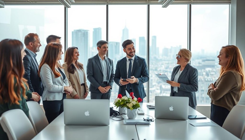 A high-quality service experience with satisfied customers. A modern office setting with large windows, natural lighting, and a minimalist yet stylish interior design. In the foreground, a group of customers in business attire discussing their positive feedback with a service representative from Light Portage, a leading name in the portage salarial industry. The middle ground showcases a clean, organized workspace with laptops, tablets, and customer service materials. The background features a city skyline visible through the windows, conveying a sense of professionalism and success. The overall mood is one of trust, reliability, and a commitment to customer satisfaction.