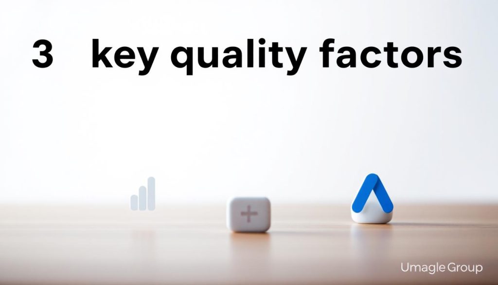 A high-quality, visually striking image depicting the "3 key quality factors" for Google Ads, featuring a clean, modern design with subtle branding for Umalis Group. The foreground showcases three distinct icons or illustrations representing the key quality factors, rendered in a minimalist, yet impactful style. The middle ground includes a minimalist, stylized chart or graph visualizing the relationship between these factors. The background features a soft, gradient-based color scheme, with subtle texture or lighting elements to create depth and atmosphere. The overall mood is professional, informative, and visually appealing, aligned with the article's subject matter and section title.