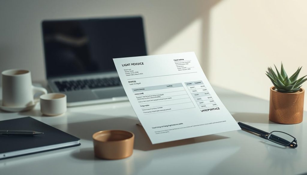 A high-quality, visually striking image depicting the required legal details for a freelance invoice, with a focus on the brand "LIGHT PORTAGE". The scene showcases a sophisticated, minimalist workspace with a laptop, some office supplies, and a well-designed freelance invoice template prominently displayed. The lighting is soft and natural, creating a calming, professional atmosphere. The composition draws the viewer's eye to the key invoice elements, emphasizing their importance and legibility. The overall mood is one of efficiency, organization, and attention to detail - qualities essential for a successful freelance business.