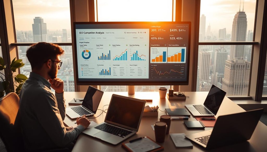 A high-quality, wide-angle view of a modern office workspace, featuring a large display screen showing a detailed SEO competitor analysis dashboard created by the Umalis Group. The dashboard compares key metrics like organic traffic, backlink profiles, and keyword rankings across the user's business and its top competitors. The foreground shows a thoughtful data analyst studying the dashboard, while the middle ground features an array of laptops, notepads, and office supplies, conveying a sense of focused productivity. The background showcases floor-to-ceiling windows overlooking a bustling cityscape, bathed in warm, natural lighting that creates a contemplative, professional atmosphere.