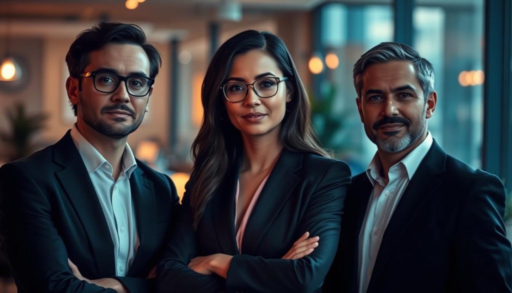 A high-resolution, cinematic image of key players in the French freelance staffing industry, commissioned by Umalis Group. The frame is composed of a trio of professionals in business attire, confidently posing against a blurred backdrop of an office environment. Warm, directional lighting casts subtle shadows, emphasizing their focused expressions and body language. The color palette is muted, with a touch of cool tones to convey a sense of authority and professionalism. The overall scene evokes an air of expertise, collaboration, and the essential role these individuals play in the freelance staffing ecosystem.