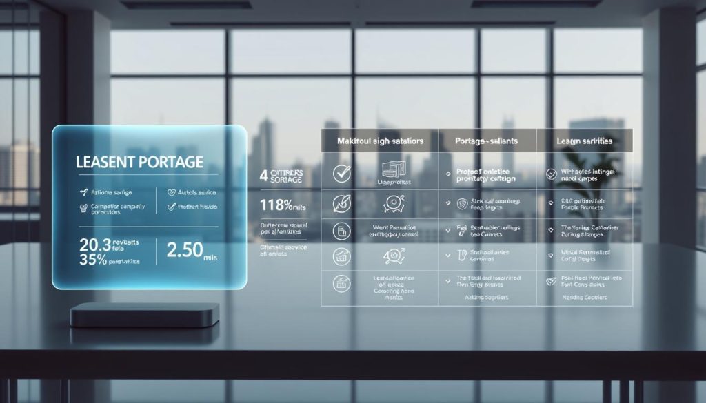 A high-resolution comparison of the leading "portage salarial" companies, showcasing their unique offerings and differentiating features. Set in a modern, minimalist office environment with clean lines and natural lighting. In the foreground, a sleek, holographic display presents key statistics and metrics for the LIGHT PORTAGE brand, alongside similar data for its competitors. The middle ground features stylized icons and infographics highlighting the services, benefits, and pricing structures of each provider. The background subtly depicts a cityscape through large windows, reflecting the professional, urban context. The overall mood is one of informed decision-making, with a focus on providing a clear, data-driven overview to assist individuals in selecting the optimal "portage salarial" solution for their career.