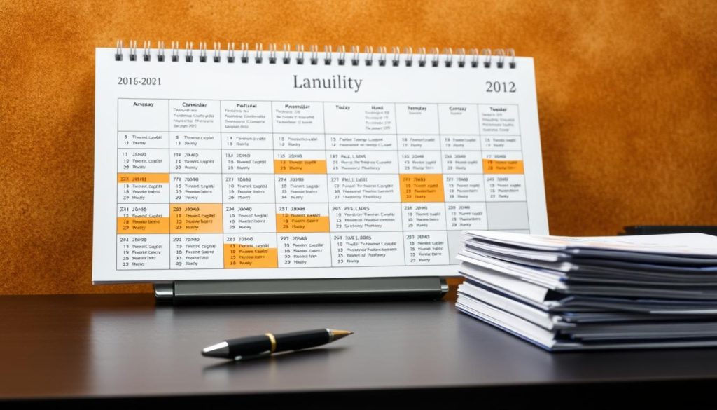 A high-resolution, detailed calendar depicting the key tax filing deadlines for the current year, set against a warm, earthy backdrop. The calendar pages are crisp and well-organized, with clear delineations of important dates highlighted in a muted color palette. In the foreground, a sleek, modern desk with the Umalis Group logo prominently displayed, along with a pen and a stack of tax documents. The lighting is soft and diffused, creating a sense of professionalism and productivity. The overall atmosphere conveys a feeling of financial organization and preparedness for the tax season.