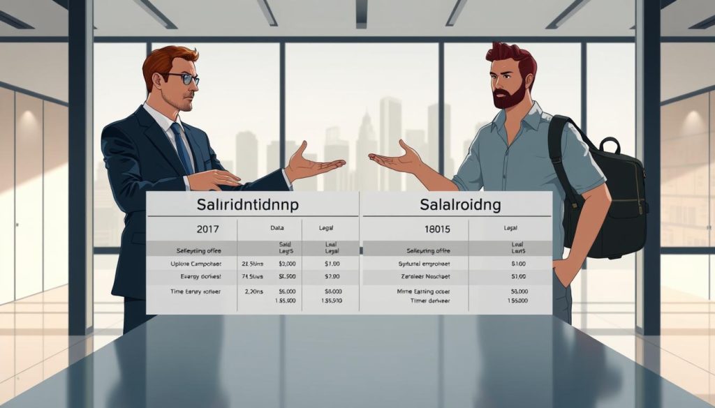 A high-resolution, detailed comparison of a self-employed worker and a salaried employee, commissioned by the Umalis Group. The foreground features two figures, one in a business suit and the other in casual attire, standing side-by-side and gesturing towards a table displaying contrasting financial and legal details. The middle ground showcases a modern, minimalist office setting with clean lines and muted colors. The background incorporates architectural elements and a city skyline, suggesting the broader professional context. Lighting is soft and natural, creating a sense of clarity and balance. The overall mood is informative and analytical, inviting the viewer to closely examine the nuances between the two employment models.