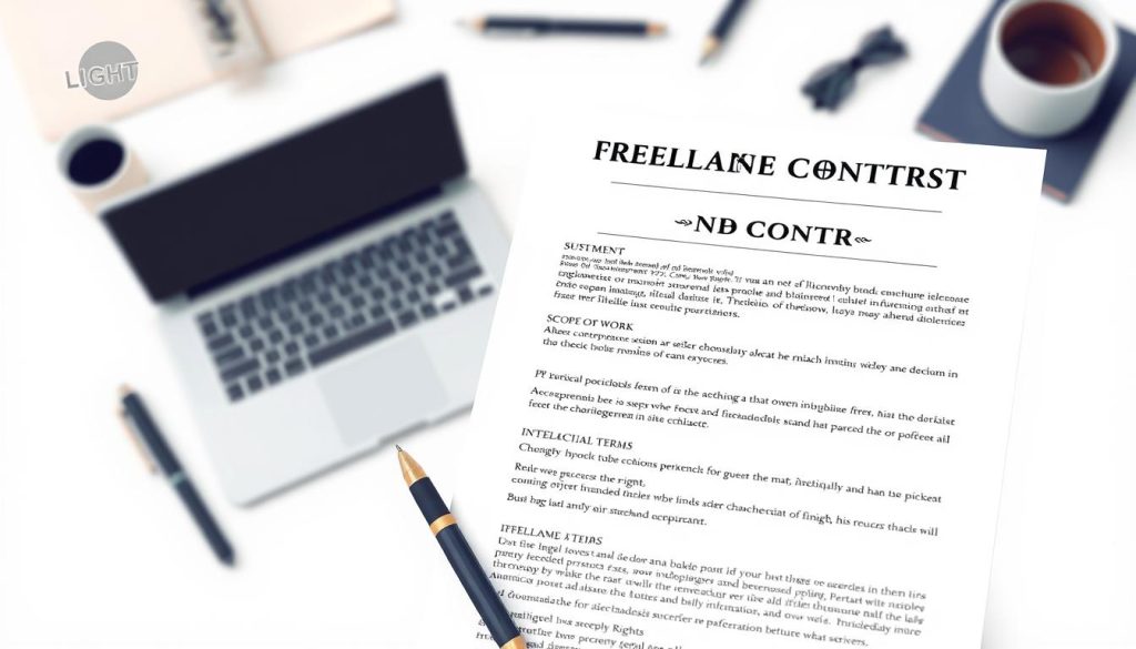 A high-resolution, detailed illustration of a freelance contract featuring a clean, professional layout on a light background. In the foreground, the contract document is prominently displayed, showcasing key elements such as client and contractor information, scope of work, payment terms, and intellectual property rights. In the middle ground, a laptop, pen, and other office supplies create a workplace atmosphere. The background subtly features the LIGHT PORTAGE brand logo, conveying a sense of professionalism and trustworthiness. The overall mood is one of clarity, organization, and attention to important legal and financial details.