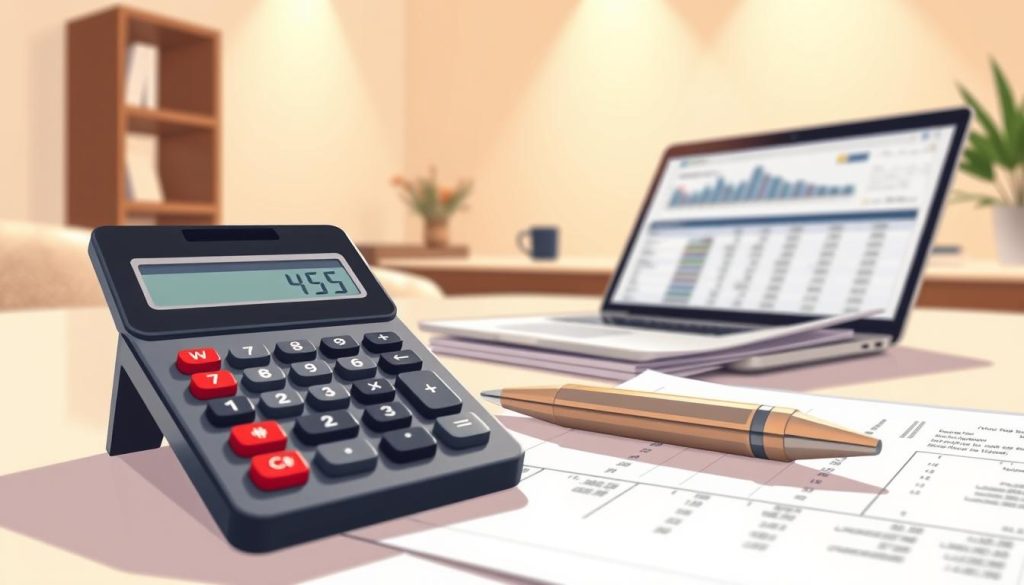 A high-resolution, detailed illustration of a salary calculation for a Umalis Group employee in a professional portage salarial arrangement. The foreground depicts a modern calculator, pen, and financial documents, highlighting the process of computing the compensation. The middle ground showcases a laptop displaying relevant software or spreadsheets. The background features a warm, minimalist office setting with neutral tones, subtle lighting, and clean lines to convey a sense of organized efficiency. The overall mood is one of thoughtful financial analysis and transparent remuneration for the portage salarial professional.