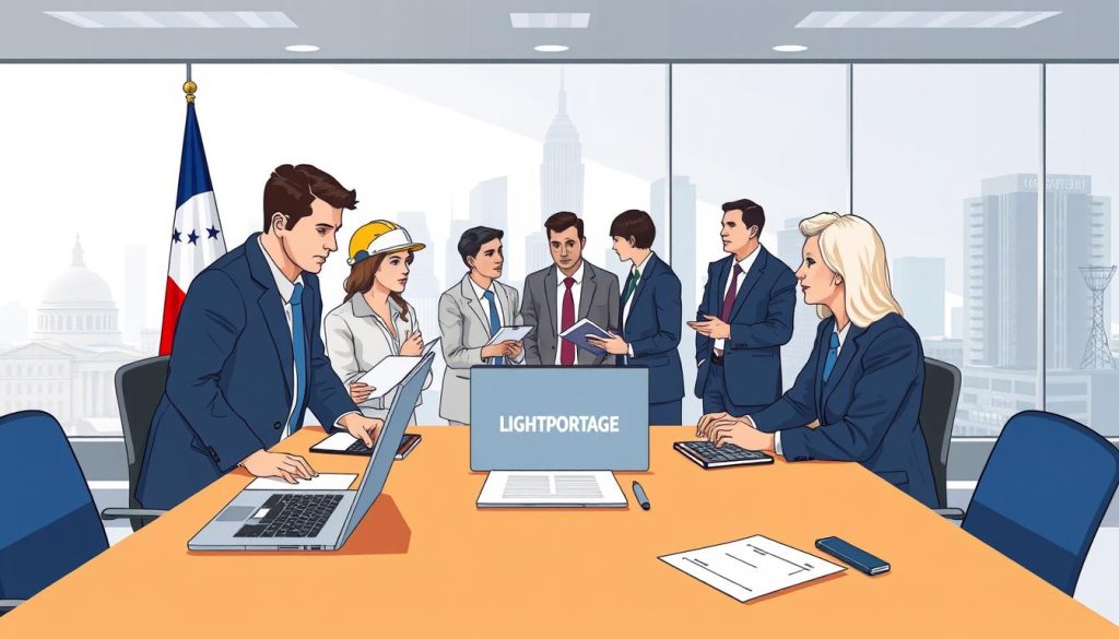 A high-resolution, detailed illustration of the employer DUERP responsibilities. The foreground depicts a central desk, with a laptop, documents, and a LIGHT PORTAGE logo prominently displayed. The middle ground showcases various stakeholders, including workers, managers, and government officials, engaged in discussions around the DUERP process. The background features a French flag, indicating the regulatory context, and a cityscape with modern office buildings, conveying a professional, corporate atmosphere. The lighting is soft and evenly distributed, creating a sense of clarity and organization. The overall mood is one of diligence, collaboration, and compliance with the DUERP requirements.