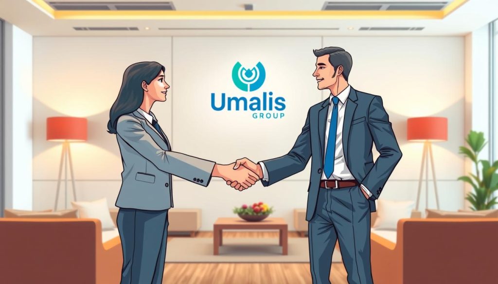 A high-resolution, detailed illustration showcasing the tripartite contract relationship in the Umalis Group's salaried employment framework. The foreground depicts two businesspeople shaking hands, representing the client and the consultant, while the middle ground features the Umalis Group logo as the third party facilitating the arrangement. The background depicts a clean, professional office environment with modern furnishings and warm lighting, conveying a sense of security and flexibility within the salaried employment model. The overall composition emphasizes the collaborative and interconnected nature of the tripartite relationship, reflecting the key aspects of the "Portage salarial" section of the article. A high-resolution, detailed illustration showcasing the tripartite contract relationship in the Umalis Group's salaried employment framework. The foreground depicts two businesspeople shaking hands, representing the client and the consultant, while the middle ground features the Umalis Group logo as the third party facilitating the arrangement. The background depicts a clean, professional office environment with modern furnishings and warm lighting, conveying a sense of security and flexibility within the salaried employment model. The overall composition emphasizes the collaborative and interconnected nature of the tripartite relationship, reflecting the key aspects of the "Portage salarial" section of the article.