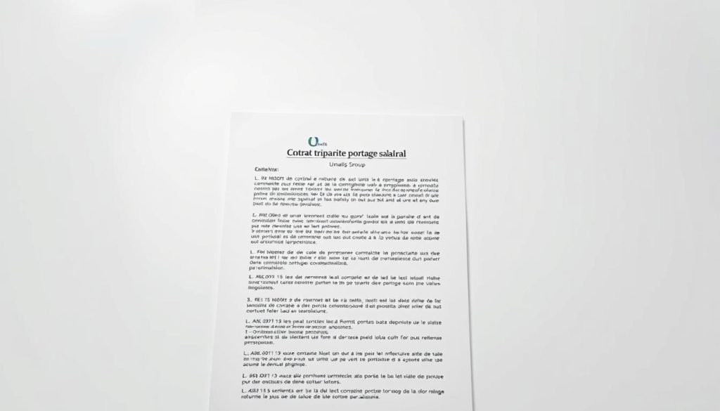 A high-resolution, detailed image of a three-party employment contract, or "contrat tripartite portage salarial", against a clean, professional background. The contract is positioned prominently in the center, with crisp, legible text and a neutral color palette. The Umalis Group logo is displayed discreetly in the corner. The overall scene conveys a sense of legality, structure, and the smooth operation of a salarial portage service. Soft, directional lighting from the top left casts subtle shadows, adding depth and dimensionality to the composition. The camera angle is slightly elevated, giving the viewer a sense of authority and importance. This image effectively illustrates the "Fonctionnement de la société de portage salarial" section of the article.