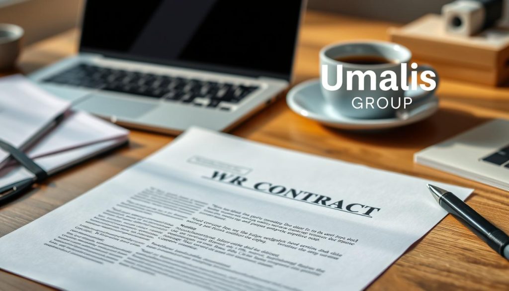 A high-resolution, detailed image of a work contract for portage salarial (employee leasing) against a background of office supplies and a laptop. The contract is open on a wooden desk, with a pen and a cup of coffee nearby. The lighting is soft and natural, creating a warm, professional atmosphere. The Umalis Group logo is displayed prominently in the corner. The overall composition conveys the concept of a formal employment agreement in the context of the portage salarial business model.