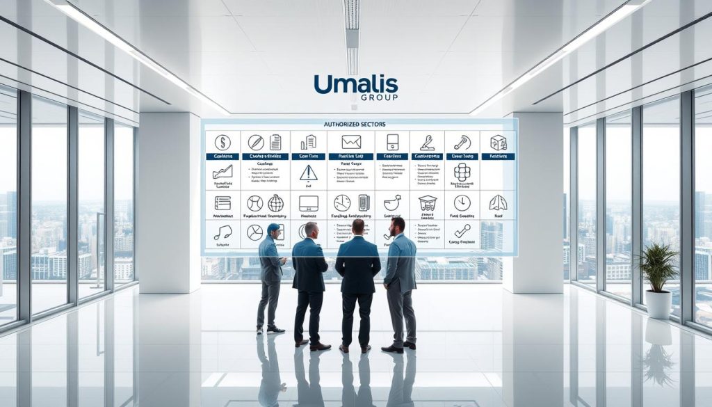 A high-resolution, detailed image of authorized sectors for employee leasing, featuring the Umalis Group brand. Set in a clean, modern office environment with bright lighting and a sleek, minimalist aesthetic. In the foreground, a central display board shows various icons and labels representing different authorized industries and business activities. The middle ground features a team of professionals discussing the regulations and policies governing employee leasing. The background showcases a panoramic cityscape view, symbolizing the diverse range of sectors where the Umalis Group's portage salarial services are applicable.