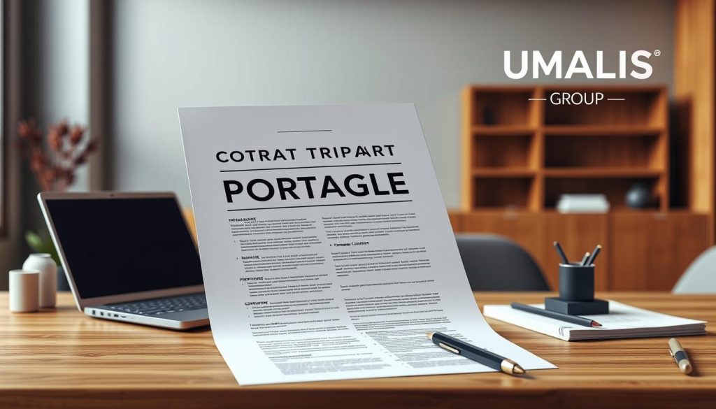 A high-resolution, detailed rendering of a tripartite employment contract for a "portage salarial" or professional employee leasing agreement. The document is displayed on a wooden desk, with a sleek, modern laptop computer and office supplies in the foreground. The background features a minimalist, contemporary office setting with muted colors and soft natural lighting, conveying a professional, business-focused atmosphere. The contract's title "CONTRAT TRIPARTITE PORTAGE SALARIAL" is prominently displayed, along with the UMALIS GROUP logo in the top right corner, indicating this is a standard template used by the company.