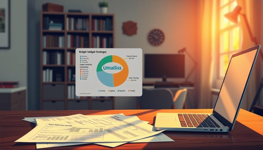 A high-resolution, digital illustration depicting a freelancer's budget allocation strategies. In the foreground, a laptop and financial documents sit atop a wooden desk, casting warm, directional lighting. In the middle ground, a pie chart visualizes the freelancer's income sources and expense categories, with the "Umalis Group" logo prominently displayed. In the background, a bookshelf and window provide a cozy, home office atmosphere, conveying a sense of organization and financial planning. The overall mood is one of thoughtful contemplation and strategic financial management.