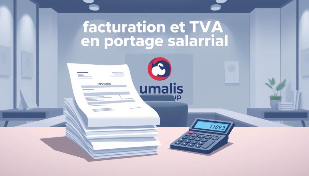 A high-resolution digital illustration depicting "facturation et TVA en portage salarial" in a professional, corporate style. In the foreground, a stack of invoices and a calculator rest on a sleek, minimalist desk. In the middle ground, a stylized representation of a financial transaction, with the Umalis Group logo prominently displayed. The background features a modern office setting with clean lines, muted colors, and subtle hints of the portage salarial concept, such as employee contracts or payslips. The overall mood is one of efficiency, precision, and attention to detail, conveying the complexities of invoice handling and tax considerations in the context of the portage salarial employment model.