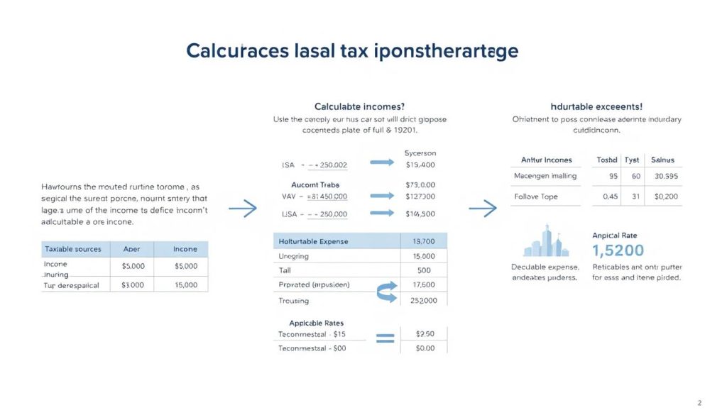 A high-resolution digital illustration in the style of technical diagrams and infographics, showcasing the process of calculating taxable income in the Umalis Group's salarial portage arrangement. The image depicts a clean, minimalist layout with geometric shapes, charts, and numerical data against a soft, neutral background. The foreground features a detailed breakdown of the relevant tax considerations, including income sources, deductible expenses, and applicable rates. The middle ground displays visualizations of the calculation steps, while the background incorporates subtle references to the broader financial and legal context. The overall tone is informative, precise, and designed to enhance the reader's understanding of this specific aspect of salarial portage taxation.