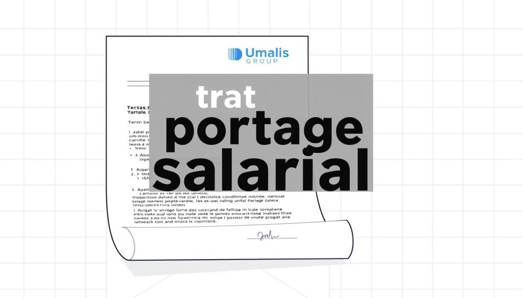 A high-resolution digital illustration of a "contrat portage salarial" document, featuring the Umalis Group logo prominently displayed. The document is set against a clean, minimalist background with subtle grid lines, conveying a professional and organized atmosphere. The contract is rendered in a crisp, legible font, with key information such as terms, signatures, and legal details clearly visible. The overall composition strikes a balance between attention to detail and a sleek, modern aesthetic, effectively communicating the concept of "portage salarial" and its connection to employment and social security.
