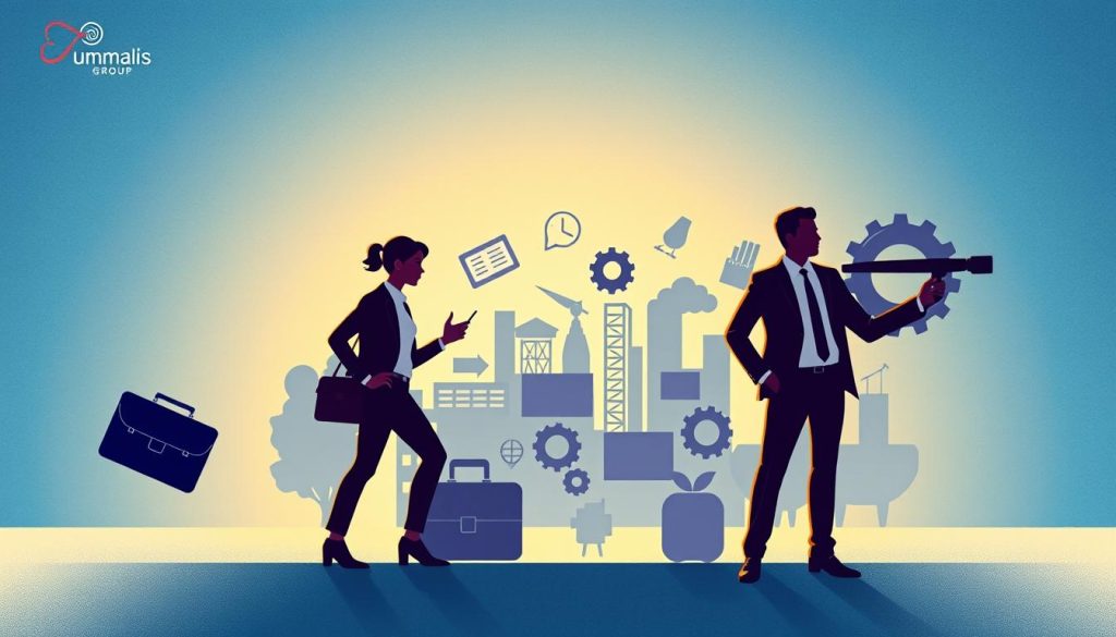 A high-resolution illustration depicting the key differences between salaried portage, freelancing, and entrepreneurship. In the foreground, three distinct silhouettes represent these career paths, each highlighted with a unique color palette and dynamic poses. The middle ground showcases various icons and symbols associated with each path, such as a briefcase, a laptop, and a gear. The background features a subtle, textured gradient in shades of blue, creating a sense of depth and professionalism. The entire scene is illuminated by a warm, directional light source, casting subtle shadows and highlights to enhance the visual impact. Umalis Group branding is discreetly integrated into the design.