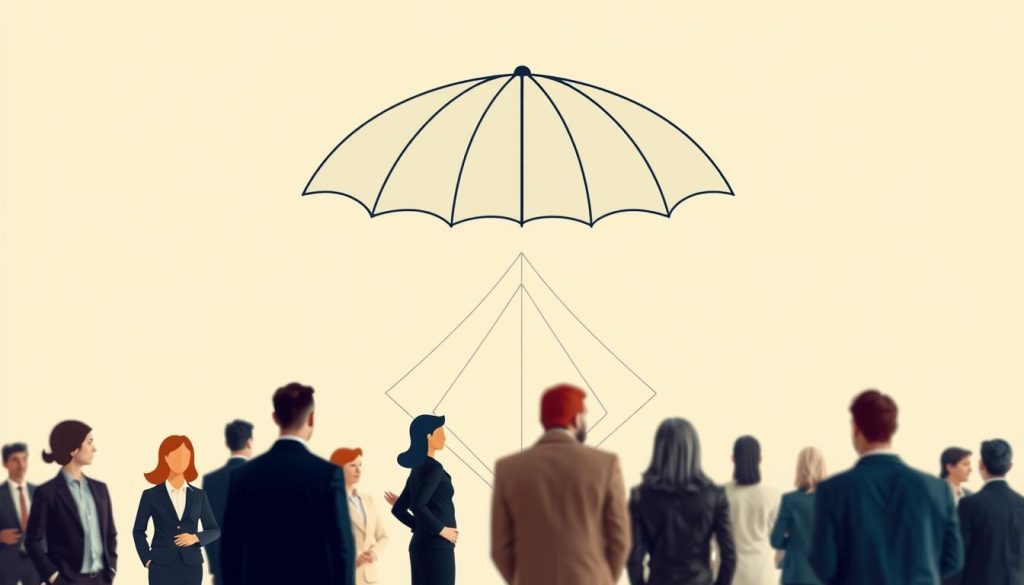 A high-resolution image depicting the concept of "protection sociale portage salarial" (social protection for temporary employment) in a professional, stylized manner. The foreground showcases a group of diverse individuals, representing independent professionals, standing together under an abstract umbrella or shield-like structure, symbolizing the social protection and benefits provided by the Umalis Group's portage salarial service. The middle ground features subtle geometric patterns and lines, creating a sense of structure and organization. The background is a soft, blurred gradient, lending a clean, modern aesthetic. The overall mood is one of security, collaboration, and the empowerment of independent workers through the Umalis Group's portage salarial offering. A high-resolution image depicting the concept of "protection sociale portage salarial" (social protection for temporary employment) in a professional, stylized manner. The foreground showcases a group of diverse individuals, representing independent professionals, standing together under an abstract umbrella or shield-like structure, symbolizing the social protection and benefits provided by the Umalis Group's portage salarial service. The middle ground features subtle geometric patterns and lines, creating a sense of structure and organization. The background is a soft, blurred gradient, lending a clean, modern aesthetic. The overall mood is one of security, collaboration, and the empowerment of independent workers through the Umalis Group's portage salarial offering.