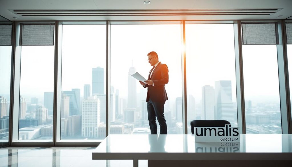 A high-resolution image of a modern office setting with bright, natural lighting. In the foreground, a well-dressed professional stands, reviewing documents on a sleek, minimalist desk. The Umalis Group logo is prominently displayed on the desk or a nearby wall. In the background, a large window overlooking a bustling city skyline creates a sense of depth and professionalism. The scene conveys the conditions and requirements for receiving employment security indemnity in the salaried portage industry, as described in the article's section title. A high-resolution image of a modern office setting with bright, natural lighting. In the foreground, a well-dressed professional stands, reviewing documents on a sleek, minimalist desk. The Umalis Group logo is prominently displayed on the desk or a nearby wall. In the background, a large window overlooking a bustling city skyline creates a sense of depth and professionalism. The scene conveys the conditions and requirements for receiving employment security indemnity in the salaried portage industry, as described in the article's section title.