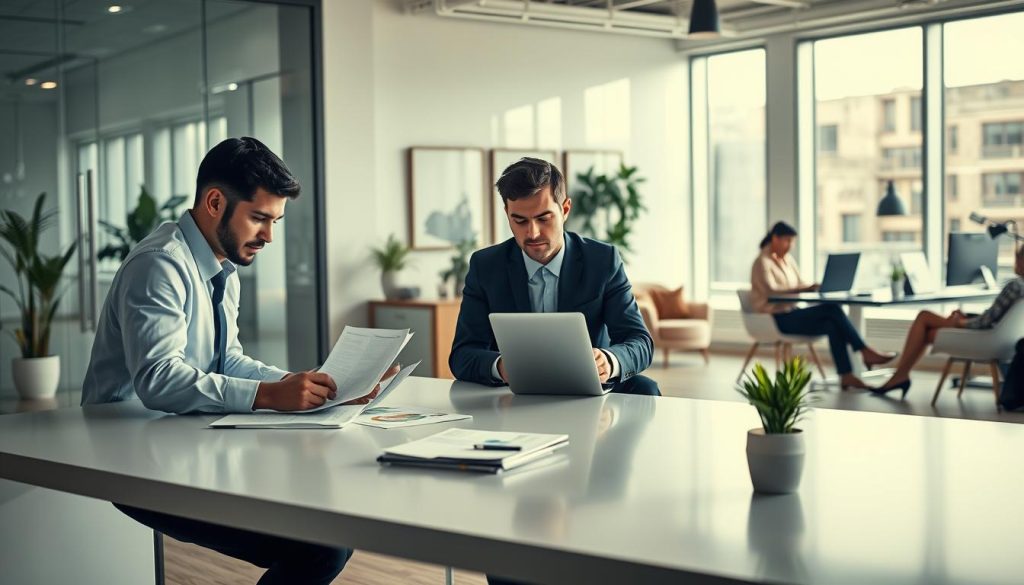A high-resolution image of a modern, well-lit office setting showcasing various financial services roles eligible for the Umalis Group's Portage Salarial program. In the foreground, a financial analyst reviews spreadsheets on a sleek, minimalist desk, while in the middle ground, a portfolio manager discusses investment strategies with a client. In the background, an accountant works diligently at their computer, and a financial advisor meets with a client in a cozy seating area. The scene is imbued with a sense of professionalism, efficiency, and the Umalis Group's commitment to enabling flexible career paths in the finance sector.