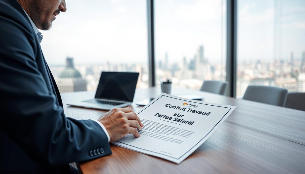 A high-resolution, photo-realistic image of a businessperson examining a contract labeled "Contrat Travail Portage Salarial" on a wooden desk. The contract features the Umalis Group logo prominently. The scene is set in a well-lit, modern office with a minimalist, professional atmosphere. The subject is positioned in the foreground, with a laptop and other office supplies visible in the middle ground. The background features a large window overlooking a city skyline, creating a sense of corporate professionalism and success.