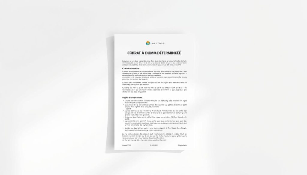 A high-resolution, photo-realistic image of a "contrat à durée déterminée" (fixed-term contract) in the context of temporary staffing services by Umalis Group. The document is presented against a plain, light-colored background with subtle shadows, creating a clean and professional look. The contract is positioned prominently in the center, with a focus on the header and key sections such as the contract duration, rights, and obligations. The overall image conveys a sense of formality, legality, and the regulated nature of temporary staffing arrangements.