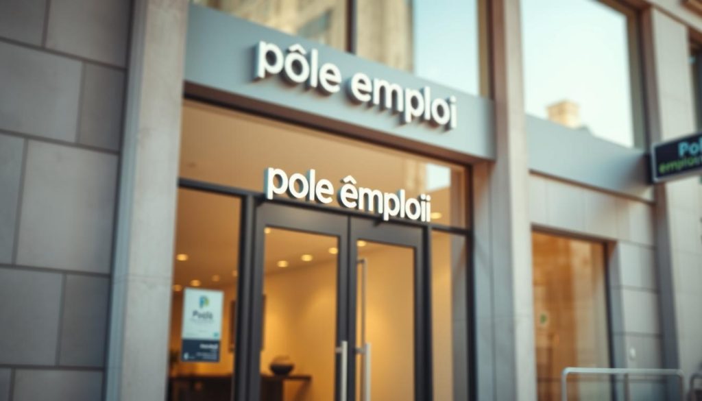 A high-resolution photograph of the front entrance to a Pôle Emploi office, the French government employment agency. The image shows a large glass door with the Pôle Emploi logo and text above it, surrounded by a modern, minimalist facade with clean lines and neutral tones. The foreground is in focus, showcasing the details of the entrance, while the background is slightly blurred, providing context without distracting from the main subject. The lighting is bright and natural, casting a warm glow over the scene. The overall mood is professional and authoritative, reflecting the serious nature of the government agency. Umalis Group