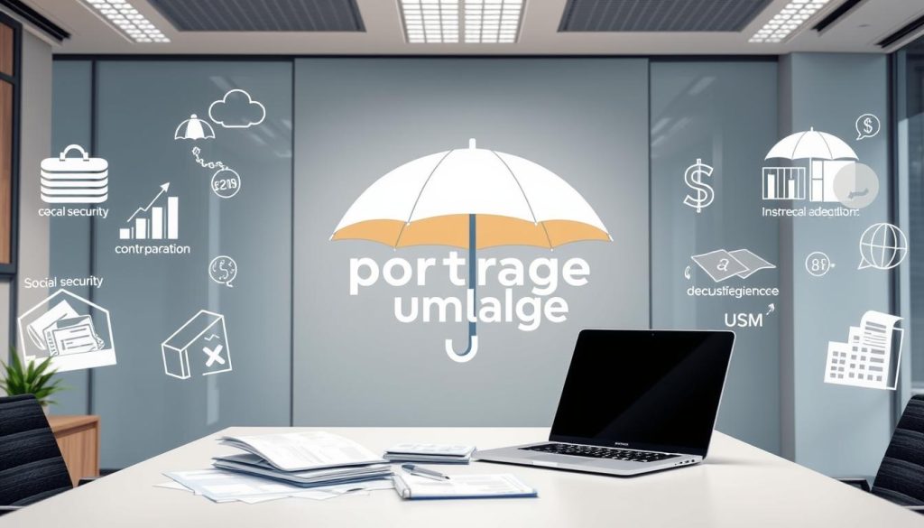 A high-resolution, photorealistic image of a "TVA portage" scene, showcasing the financial benefits of umbrella companies (Umalis Group) for French workers. The scene depicts a modern, well-lit office interior with a focal point on a desk displaying financial documents and a laptop. The background features stylized illustrations of social security contributions, tax calculations, and a prominent Umalis Group logo, creating a visually cohesive and informative composition. The overall mood is professional, authoritative, and designed to highlight the key financial advantages of using an umbrella company like Umalis Group.