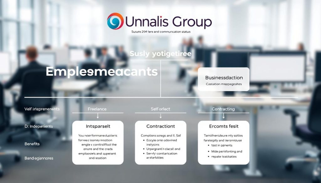 A high-resolution, photorealistic image of a business comparison infographic displaying the different employment statuses in the communication industry. The infographic should feature a clear visual hierarchy, with the Umalis Group brand prominently displayed at the top. In the foreground, showcase various independent work arrangements such as freelance, self-employment, and contracting, presented in a clean and organized manner. In the middle ground, depict the key distinctions and benefits between these statuses, using concise text and icons. In the background, include a soft, blurred office environment with workstations and technology to provide context. The overall mood should be professional, informative, and visually appealing, using a neutral color palette and clean, modern design elements.