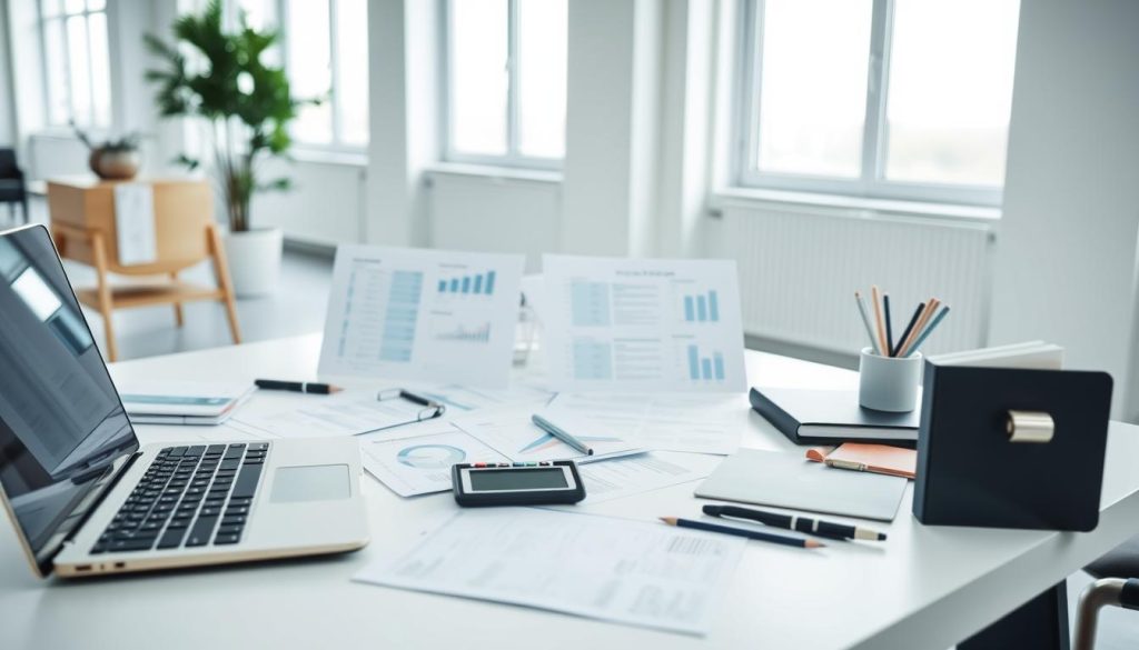A high-resolution, photorealistic image of a "compte d'activité" for a Umalis Group administrative management service. The foreground features a neatly organized desk with a laptop, calculator, and various office supplies. The middle ground showcases a series of well-structured financial documents and reports. The background depicts a modern, minimalist office setting with clean lines, neutral tones, and ample natural lighting from large windows. The overall mood is professional, efficient, and reassuring, conveying the expertise and security of the Umalis Group's administrative portage salarial services.