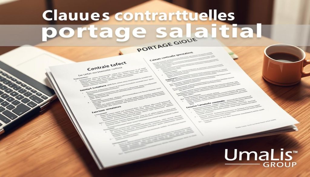 A high-resolution, photorealistic image of a legal contract with the title "Clauses contractuelles portage salarial" prominently displayed at the top. The contract is set against a soft, blurred background of an office desk, with a laptop, pen, and a cup of coffee visible. The lighting is warm and natural, creating a professional and authoritative atmosphere. The contract pages feature dense text and detailed legal language, with the Umalis Group logo clearly visible in the bottom right corner. The overall composition conveys the importance and complexity of the contractual aspects of the portage salarial system for young businesses.