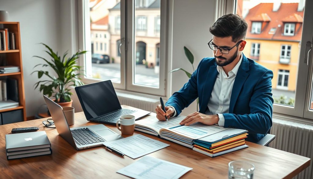 A high-resolution, photorealistic image of a professional French freelancer reviewing and signing official business registration documents on a wooden desk in a modern, sunlit home office. The desk is cluttered with laptops, folders, and a cup of coffee. The freelancer is wearing a crisp white shirt and blue suit, exuding an air of focused diligence. The background features a bookshelf, plant, and large window overlooking a scenic Parisian street with cobblestones and red-roofed buildings. Soft, natural lighting casts warm shadows across the scene, creating a sense of productivity and accomplishment.