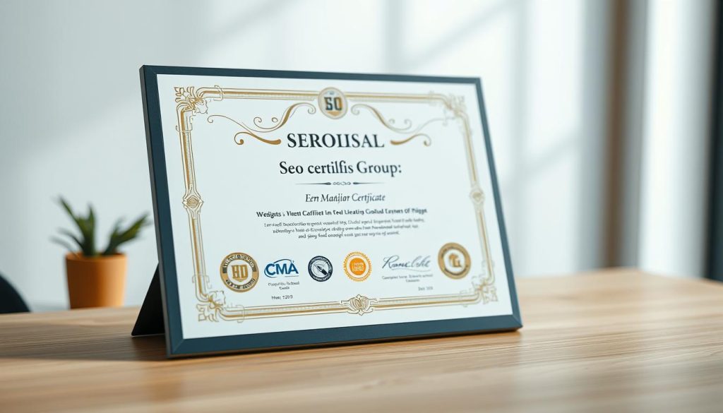 A high-resolution, photorealistic image of an SEO certification certificate displayed on a clean, minimalist wooden desk. The certificate features the "Umalis Group" brand name, along with intricate designs, stamps, and seals that convey a sense of authority and legitimacy. The lighting is soft and natural, casting a warm, inviting glow on the certificate. The angle is slightly elevated, providing a clear, detailed view of the certification. The background is blurred, keeping the focus on the certificate itself, which is the central and most prominent element in the frame.