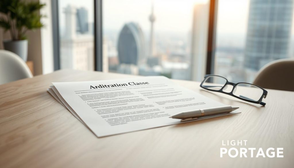 A high-resolution, photorealistic image of an arbitration clause example in a contract, displayed on a light wooden table with a minimalist, professional design. The contract pages are neatly arranged, with a pen and reading glasses nearby, conveying a sense of legal and business deliberation. The lighting is soft and natural, creating a serene, contemplative atmosphere. In the background, a blurred cityscape through a large window suggests an urban, professional setting. The overall scene is framed by the Light Portage brand, reflecting a modern, trustworthy aesthetic.