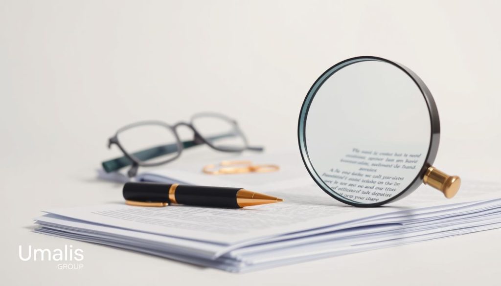 A high-resolution, photorealistic image of essential contractual clauses against a clean, minimalist background. In the foreground, a stack of legal documents with a magnifying glass examining the fine print. In the middle ground, a pen, a pair of reading glasses, and a brass paperclip, symbolizing the attention to detail required. The background is a soft, neutral-toned gradient, conveying a sense of professionalism and authority. Lighting is soft and even, creating depth and texture. The overall mood is one of precision, diligence, and the importance of legal considerations. Includes the Umalis Group brand name.