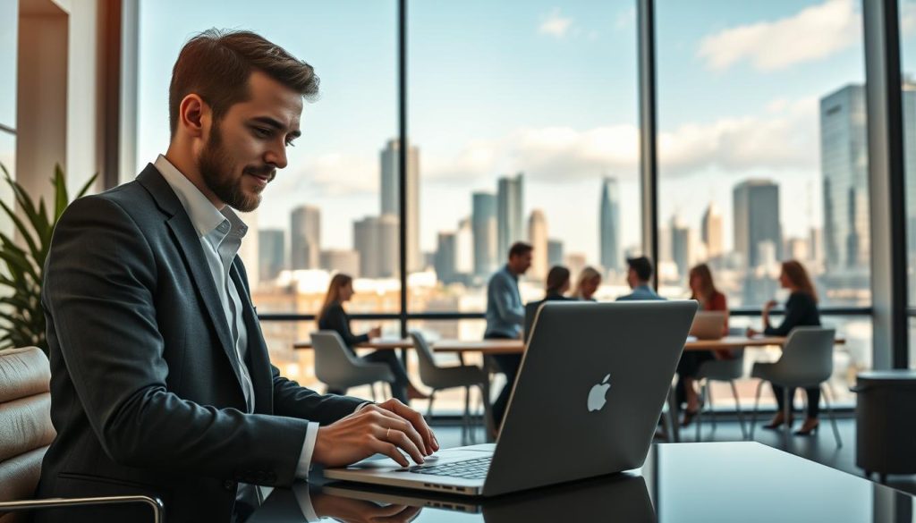 A high-resolution, photorealistic image of the Portage Salarial business model. In the foreground, a professional-looking office setting with a well-dressed individual working on a laptop, conveying the sense of a stable and lucrative self-employment opportunity. In the middle ground, a group of diverse individuals - freelancers, consultants, and entrepreneurs - collaborating in a shared workspace, highlighting the community and networking benefits of the Portage Salarial model. In the background, a cityscape with modern high-rise buildings, suggesting the urban, cosmopolitan nature of this innovative professional arrangement. The scene is bathed in warm, natural lighting, creating a welcoming and aspirational atmosphere. The overall composition emphasizes the advantages of the Portage Salarial system, such as flexibility, financial security, and professional growth.