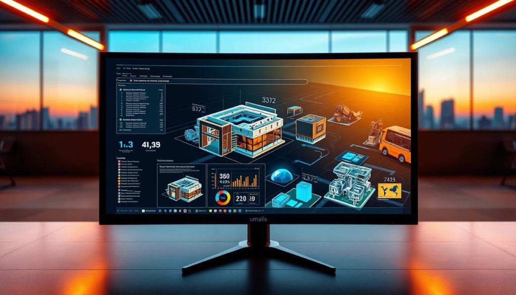 A high-resolution, professional-grade workstation display from the Umalis Group, showcasing vibrant colors, razor-sharp clarity, and an expansive viewing area. The screen is framed by a sleek, modern design with minimal bezels, bathed in warm, directional lighting that accentuates its premium aesthetic. In the foreground, the display presents detailed, complex 3D models and data visualizations, while the background features a subtle, blurred cityscape, suggesting the workstation's ability to handle demanding tasks on-the-go. The overall atmosphere conveys a sense of productivity, technological sophistication, and the power of mobile computing.