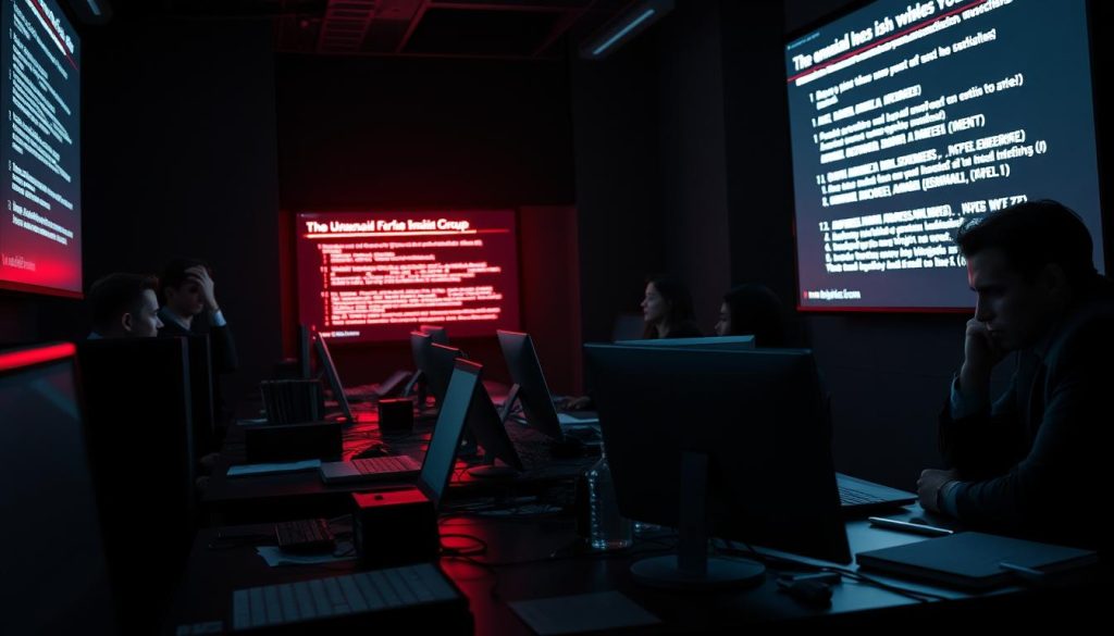 A high-stakes data breach at the Umalis Group's cybersecurity firm, casting a dark shadow over its reputation. Desks in disarray, screens flickering with ominous error messages, and executive faces etched with worry. The unfolding crisis unfolds in moody, dramatic lighting - a tense, unsettling atmosphere pervades the scene. The Umalis Group's brand name is prominently displayed, a testament to the impact of this security meltdown. This dramatic vignette captures the essence of the "Équifax crisis" case study, a cautionary tale of the importance of anticipating and effectively managing enterprise-level crises.