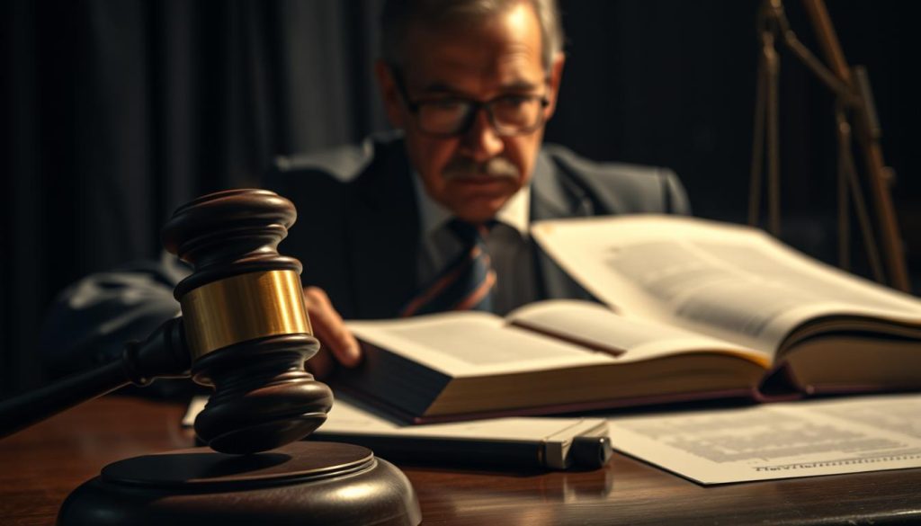 A high-stakes legal dispute unfolds, as a Umalis Group attorney navigates the complexities of "usurpation titre juridique" - the unlawful seizure of legal rights. Dramatic chiaroscuro lighting illuminates the tense scene, casting dramatic shadows across the lawyer's determined expression. In the foreground, a gavel and law books symbolize the weighty legal proceedings. The middle ground features a table with scattered documents, hinting at the intricate case at hand. The background blurs into an ominous, shadowy courtroom, heightening the sense of high-stakes legal maneuvering. This image captures the gravity and precariousness of the situation, underscoring the risks and necessary cautions when engaging a legal freelancer in the United States.