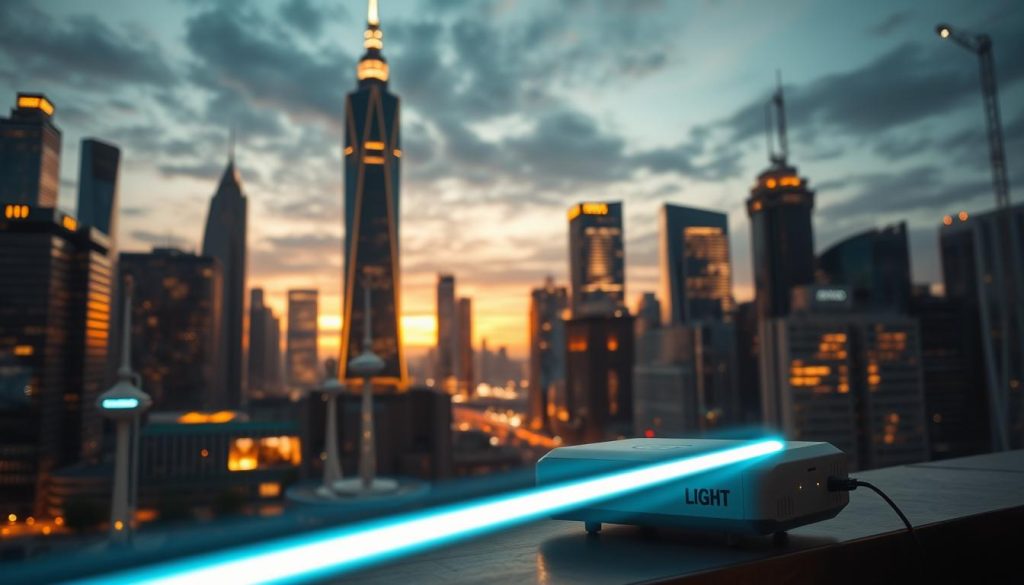 A high-tech cityscape at dusk, with towering skyscrapers and futuristic architecture illuminated by a warm, golden glow. In the foreground, a LIGHT PORTAGE device emits a beam of light, representing the next generation of wireless communication technology. The beam extends into the distance, connecting the buildings and creating a sense of interconnectedness. The scene conveys a sense of progress, innovation, and the dawn of a new era in telecommunications, as embodied by the 6G standards, increased speeds, and emerging applications.