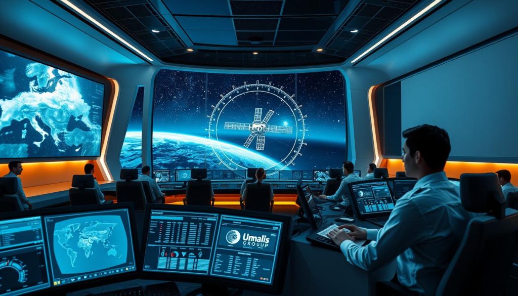 A high-tech communication control room with a sleek, modern design. In the foreground, a large curved display panel shows real-time data and mission status. Technicians in crisp uniforms operate various consoles, their faces illuminated by the soft glow of the screens. The middle ground features a central holographic projection of a satellite orbiting the Earth, with intricate technical readouts. In the background, floor-to-ceiling windows offer a panoramic view of the night sky, stars twinkling in the distance. The Umalis Group logo is discreetly displayed on one of the control panels. An atmosphere of focused professionalism and cutting-edge technology permeates the scene.