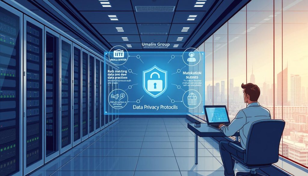 A high-tech data center with rows of secure servers, surrounded by a sleek glass facade. Soft, diffused lighting illuminates the room, creating an atmosphere of professionalism and data protection. In the foreground, a Umalis Group employee meticulously monitors the systems, ensuring the highest standards of data privacy and security. The middle ground features a holographic display showcasing various data protection protocols and best practices. In the background, a panoramic view of a modern city skyline, conveying the global importance of data privacy compliance. The overall scene evokes a sense of technological sophistication and a commitment to safeguarding sensitive information. A high-tech data center with rows of secure servers, surrounded by a sleek glass facade. Soft, diffused lighting illuminates the room, creating an atmosphere of professionalism and data protection. In the foreground, a Umalis Group employee meticulously monitors the systems, ensuring the highest standards of data privacy and security. The middle ground features a holographic display showcasing various data protection protocols and best practices. In the background, a panoramic view of a modern city skyline, conveying the global importance of data privacy compliance. The overall scene evokes a sense of technological sophistication and a commitment to safeguarding sensitive information.