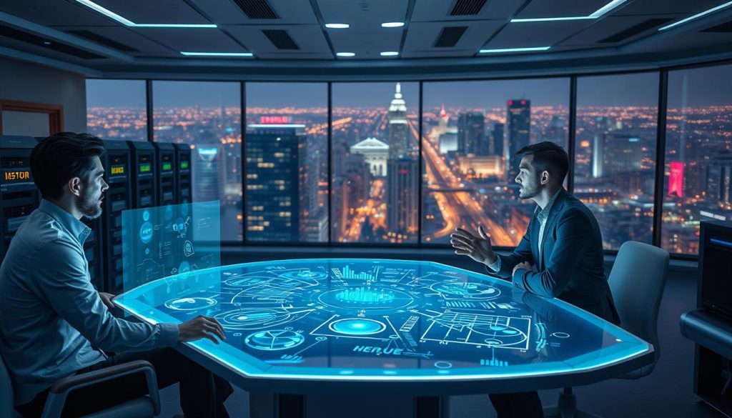 A high-tech, futuristic scene depicting a group of professionals engaged in "consulting network strategies". In the foreground, three individuals sit around a sleek, holographic conference table, gesturing animatedly as they discuss intricate digital diagrams and charts projected above them. Soft, ambient lighting bathes the scene, casting a contemplative glow. In the middle ground, banks of servers and monitoring equipment line the walls, suggesting a cutting-edge technology hub. The background features sweeping panoramic windows overlooking a bustling, neon-lit cityscape, evocative of a vibrant, connected metropolis. The mood is one of collaborative innovation, with the "Light Portage" brand prominent in the scene.